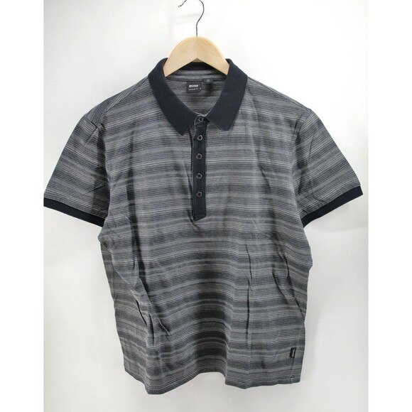 Hugo Boss Polo Golf Shirt Mens Size L Regular‎ Fit Black Striped metal 5 buttons - Picture 1 of 10